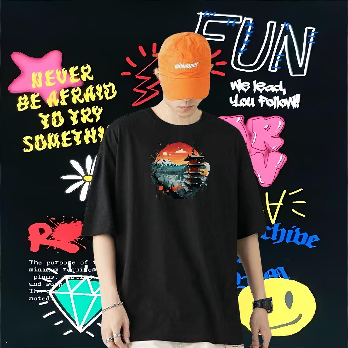 Classic Casual T-Shirts 230g Cotton Tower Casual Beach Tops Short Sleeve O-Neck Designer Men Clothes T-Shirt Cartoon Print
