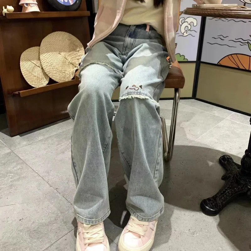 Vintage Washed Embroidery Denim Pant Women Korean Y2k Wide Leg Jeans Preppy Style Kawaii Straight Ankle Length Pants 240806