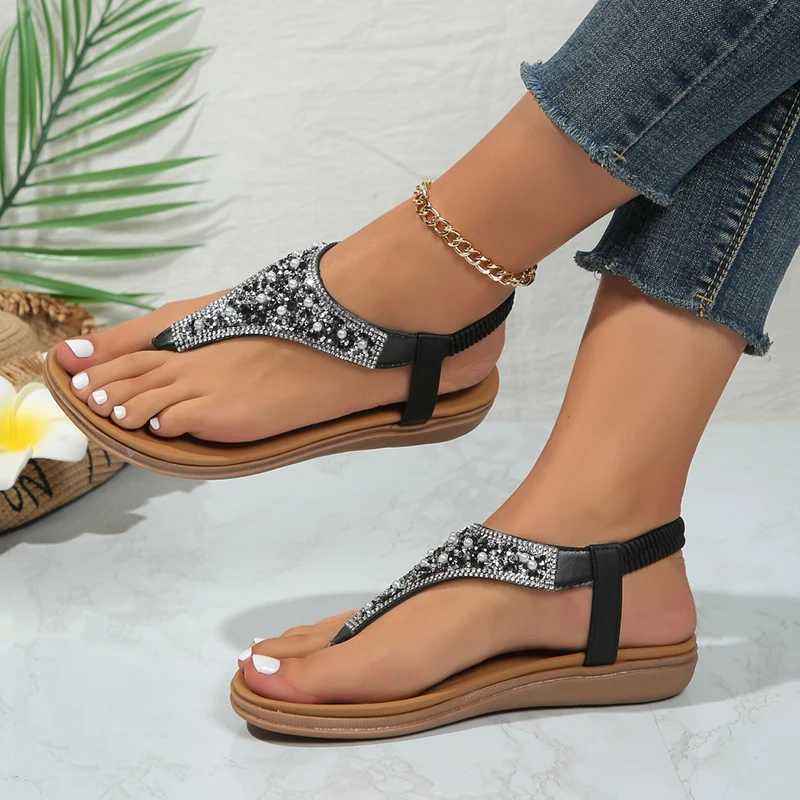 High Quality Lucyever Summer Clip Toe Bohemia Sandals Women Fashion Shiny Crystal Flat Sandalias Woman Non Slip Sole Beach Sandals Women T241227