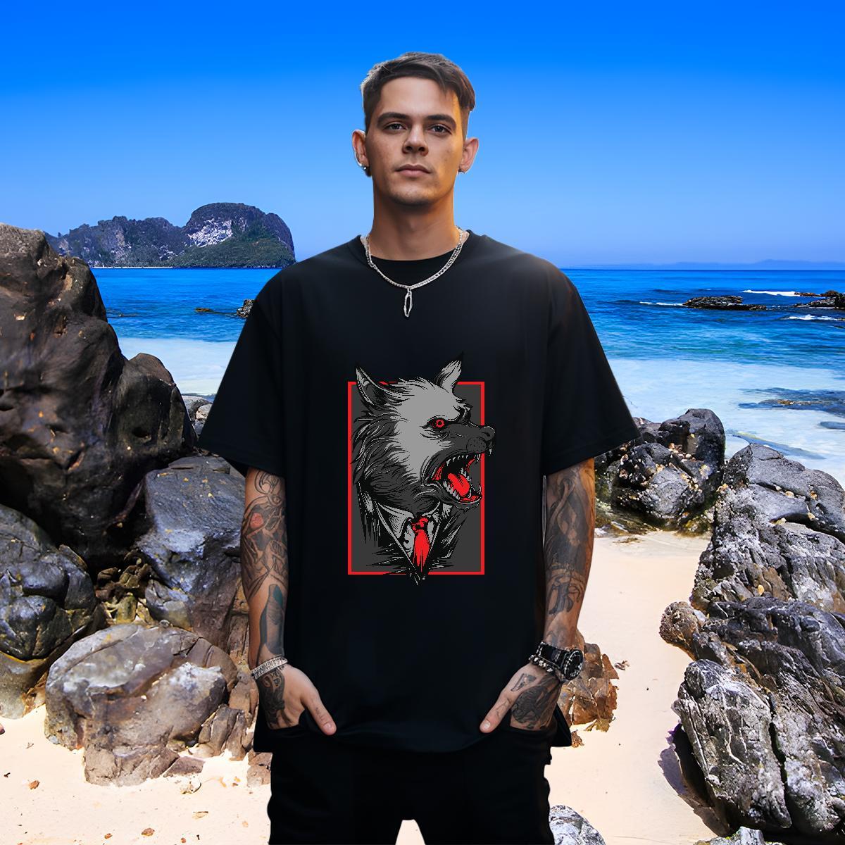 TOP Quality Mens Tshirts 230g Cotton wolf T Shirt For Man Casual Breathable Custom Print Oversized Fashion Design Tops Shirt
