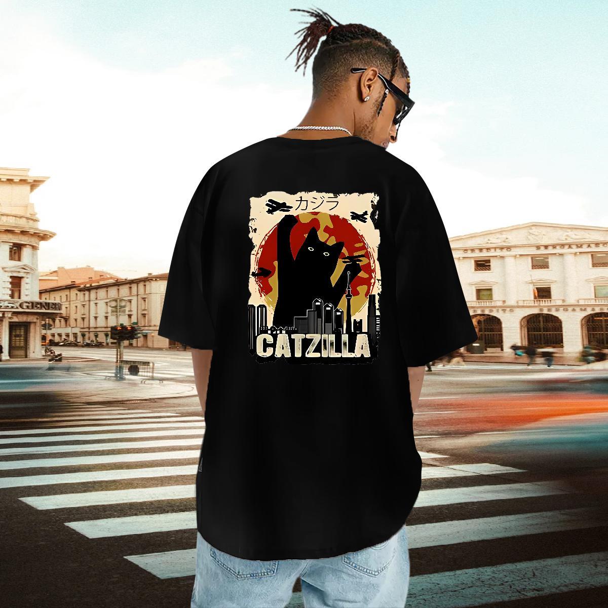 Fashion Casual T Shirts Men 230g 100% Cotton cat Daily Outfit Top Tees Crew Neck Loose Fit Couples T Shirts Floral Print