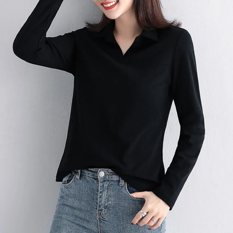 Women Cotton T-shirt Solid color Lady Polos Long Sleeve Autumn Winter Womens clothings All match Female T-shirts 240806