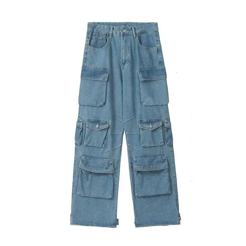 Multi-Pocket Blue Washed Jeans Cargo Pants Y2k Retro Streetwear Fashion High Waist Jeans Couple Harajuku Casual Wide Leg Pants 240806