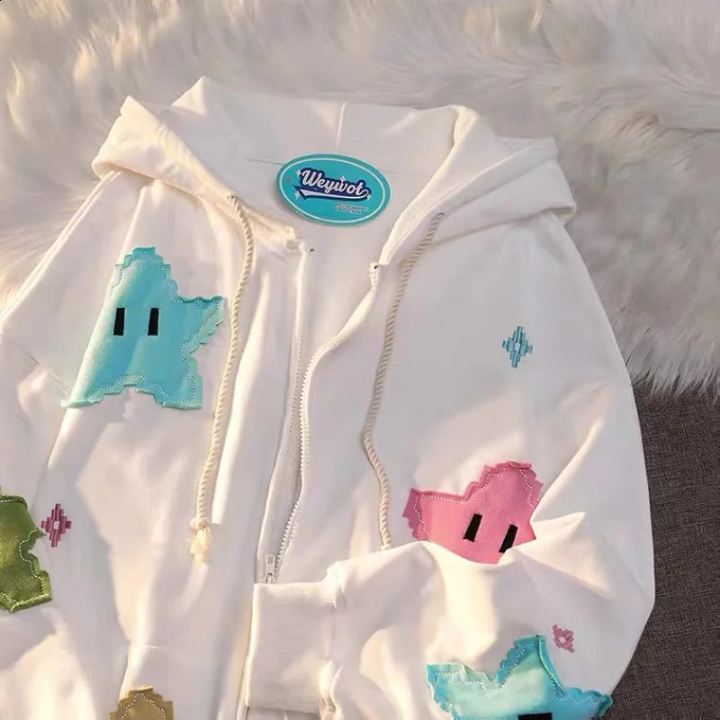Harajuku Women Hoodies Y2k Star Patchwork Embroidery Zip Up Sweatshirt Gothic Oversized Hoodie Jacket Coat Streetwear Clothes 240806