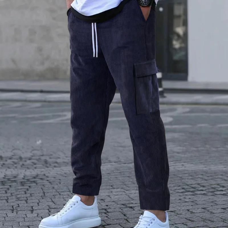 Foreign Trade Mens Corduroy Trousers Solid Color Sports Pants Loose Straight MultiPocket Thin Casual Autumn and Winter 240806