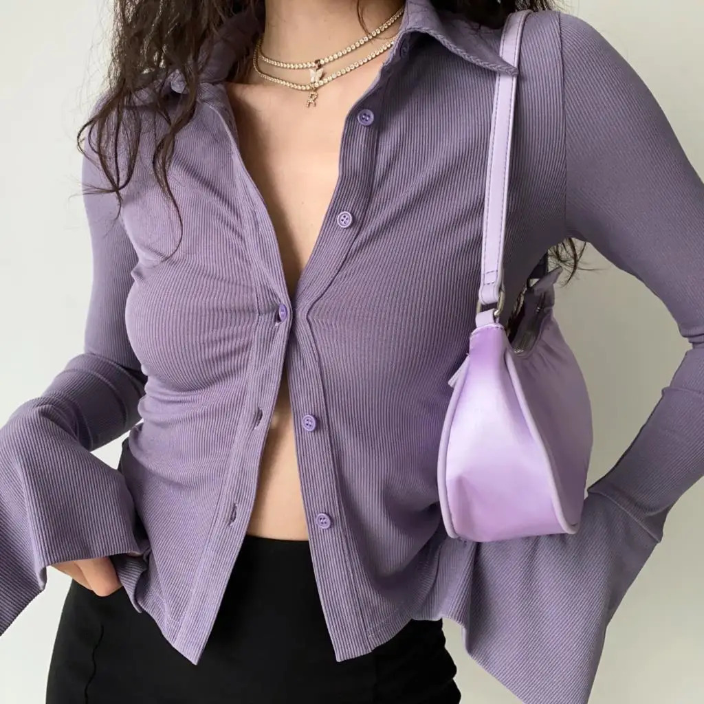 Purple Polo Turn Down Collar Flared Long Sleeve Blouses And Shirts Women Vintage Elegant Y2k Button Spring Autumn Tops Cardigan 240806