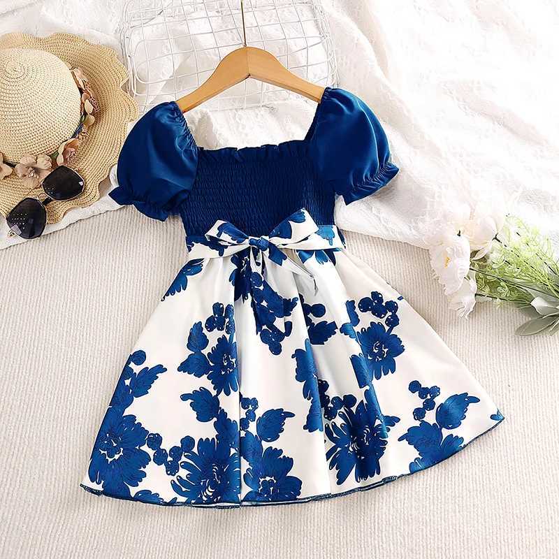 Girl Dress Summer New Sweet Printing Patch Work Bubble Sleeve Blue Princess Dress Birthday Party Dress Girl Baby ClothingW240720