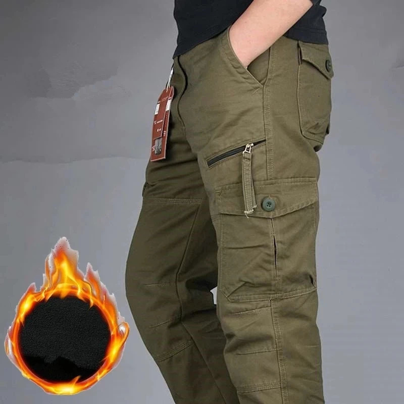 Mens Cargo Pants Winter Outdoor Double Layer Fleece Warm Thick Military Style Long Trousers Men Multi Pocket Baggy Casual 240806