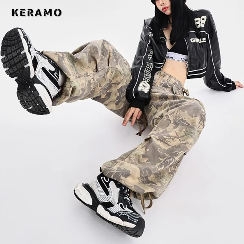Womens Retro High Street Casual Overalls Printting Wide Leg Pants American Oversized Y2k Drawstring Loose Fit Cargo Pants 240806