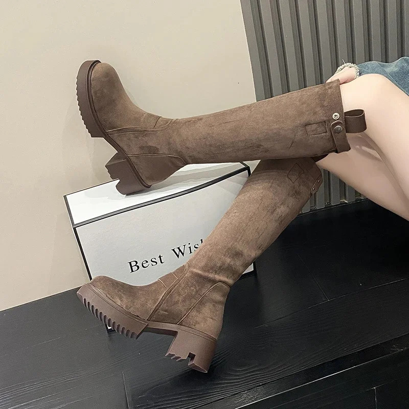 Women thick soled boots suede less than knee length thin chivalrous boots versatile thick heeled high Knights boots C1145 240801
