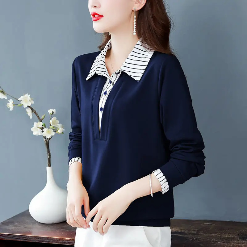 Spring Summer Tee Shirt Womens Clothing Long Sleeve Loose Turn-down Collar Striped Button Patchwork Elegant Fashion Casual Tops 240806