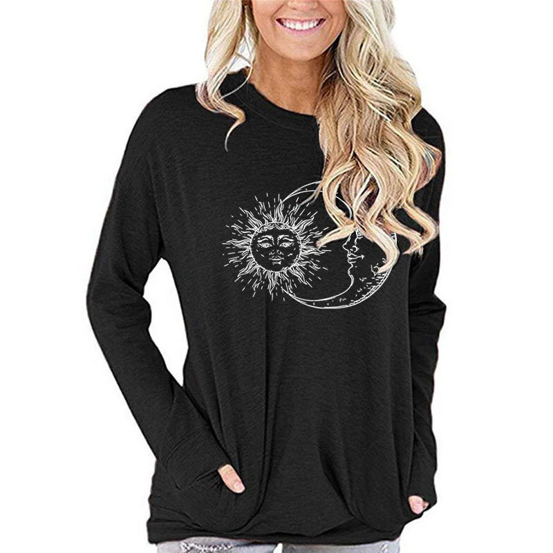 Vintage Sun Moon Graphic T-Shirt Long Sleeve Women Clothing Fashion Street Style Round Neck Tops Tee Funny Sun Moon Women Tshirt 240806