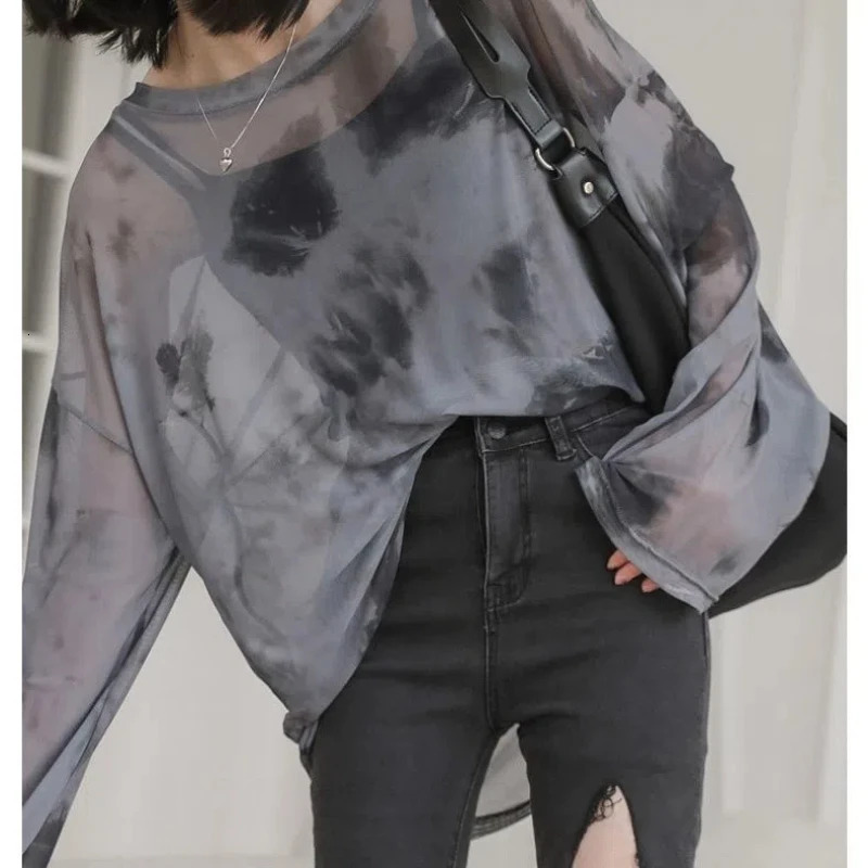 Spring Autumn Fashion Printing Tie Dye Loose T-Shirts Womens Clothing O Neck Long Sleeve Simplicity Gauze Thin Slim Korean Tops 240806