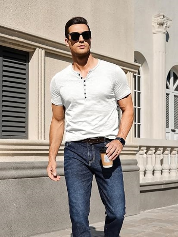 Men's Henley Shirts Kint Short Sleeve Muscle Fit Shirts Vintage Casual Button V Neck T-Shirts for Men