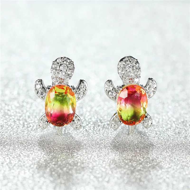 Blue purple oval gradient zircon rainbow stone turtle stud earrings womens fashion jewelry multi-color crystal animal earrings W240803