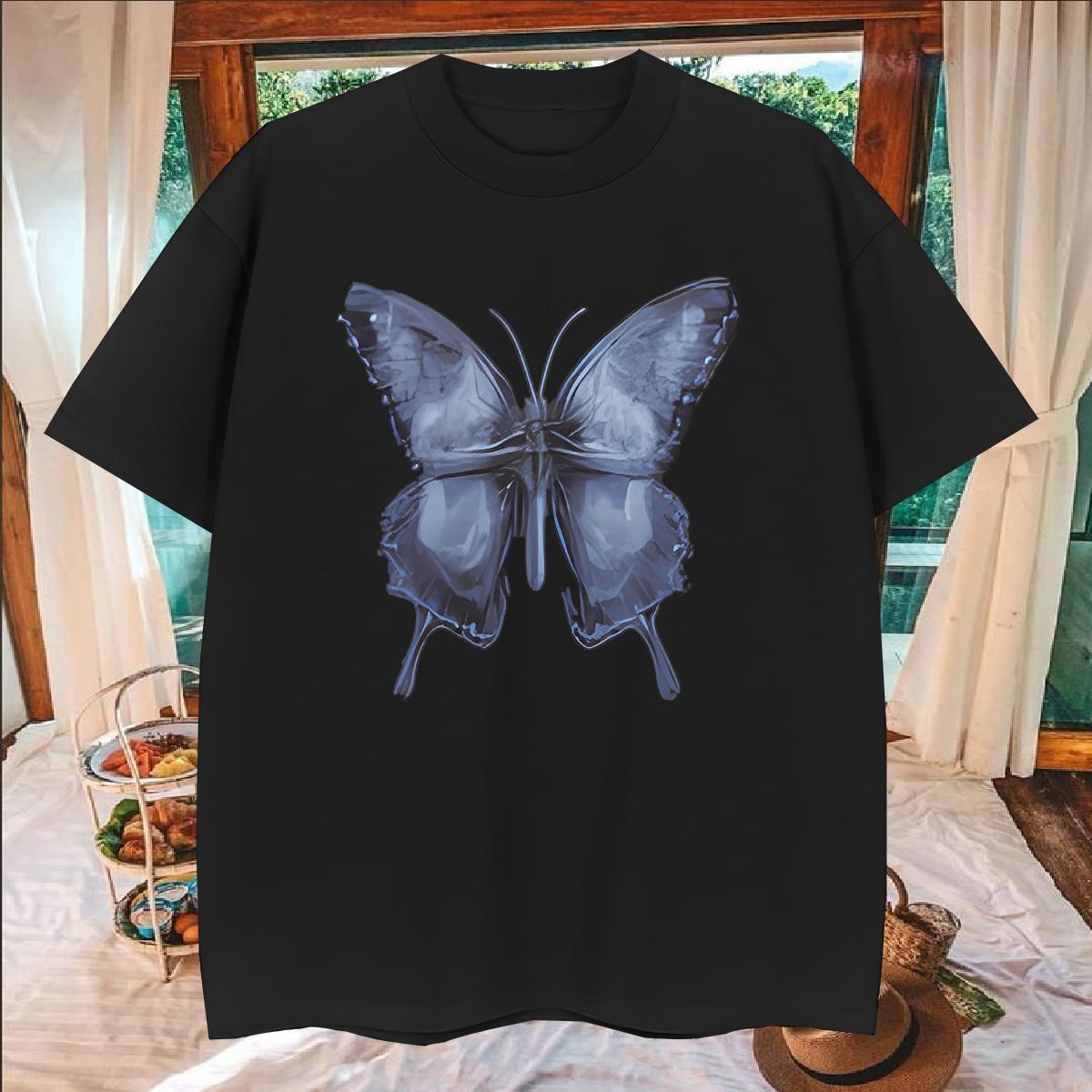 New T-Shirts 230g Cotton Butterfly Street Casual Tops Tees Breathable Short Sleeve Cool Couples T Shirts Custom Anime