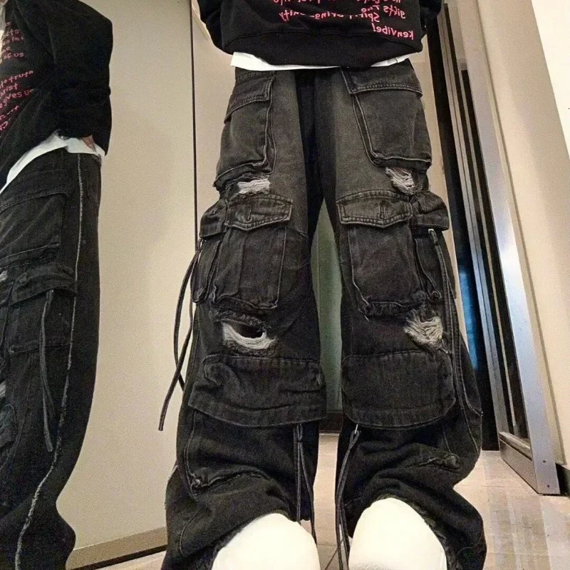 2000s Harajuku ripped multi-pocket y2k high-waisted jeans women clothing hip-hop street slim straight wide-leg cargo baggy pants 240806