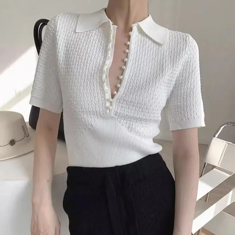 Summer Korean Version White All-match Knit T-shirt Women Fashion Turn-down Collar Short Sleeve Y2k Top Casual Chic Pullovers 240806