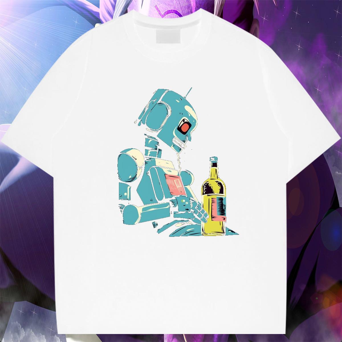 Soft Men Tees 230g Cotton High Street Hip Hop robot Graphic Pure Cotton Casual New T Shirt For Man Polos