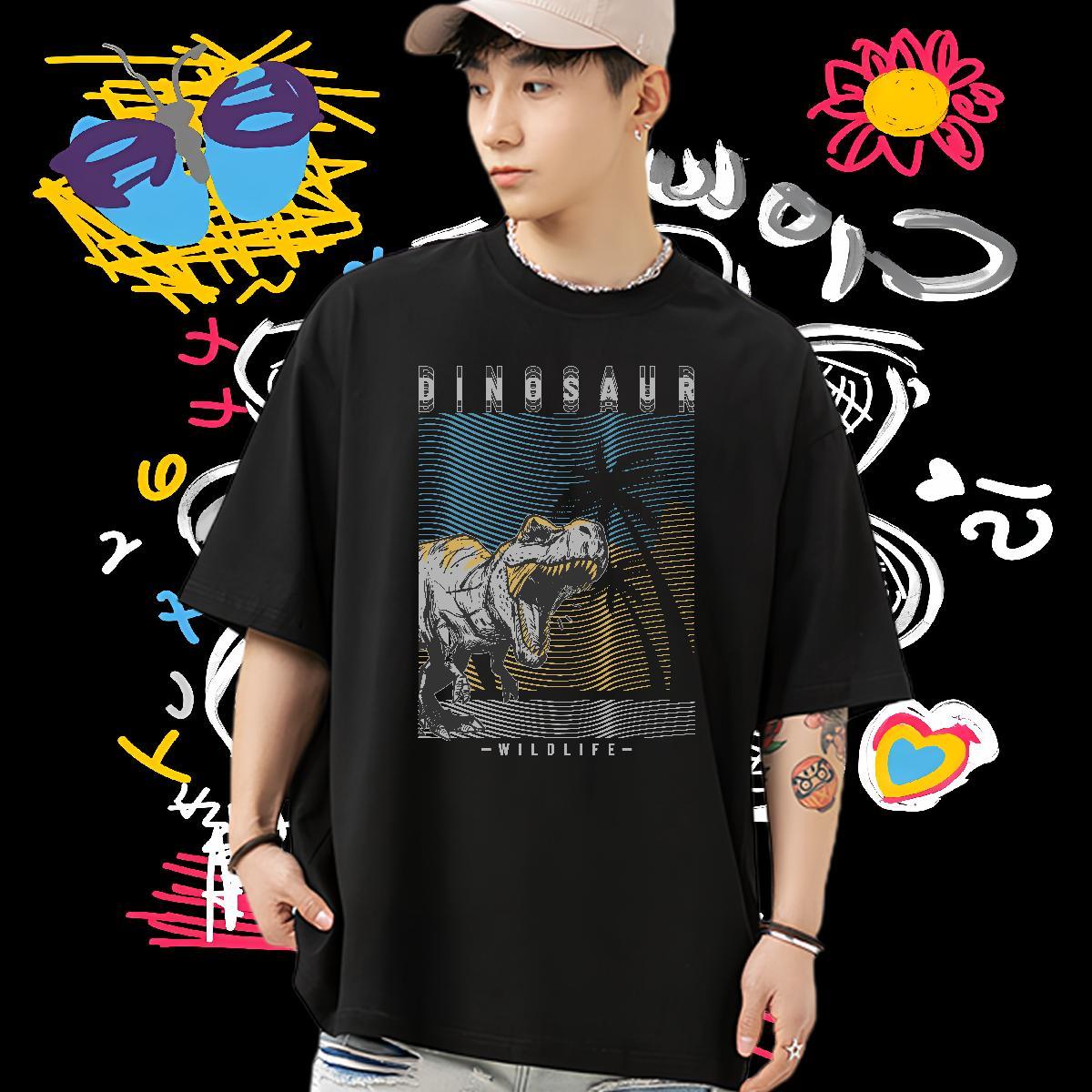 Designer T-Shirts for Men 230g Pure Cotton dinosaur High Street Hip Hop Polos Breathable Popular Mens Tshirts Customized Print