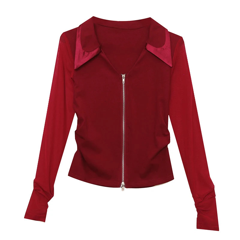 Spring European Clothes T-Shirt Chic Spliced Sexy Zipper Cardigan Womens Tops Long Sleeve Bottoming Shirt Tees 4 240806