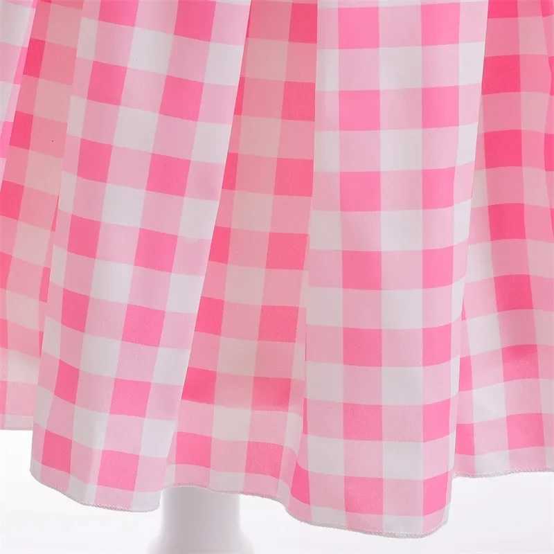 2024 New Movie Costume Girl Role Play Pink Checkered Dress Childrens Summer Sleeveless Dress Childrens Party Clothing 3-10 YearsW240720