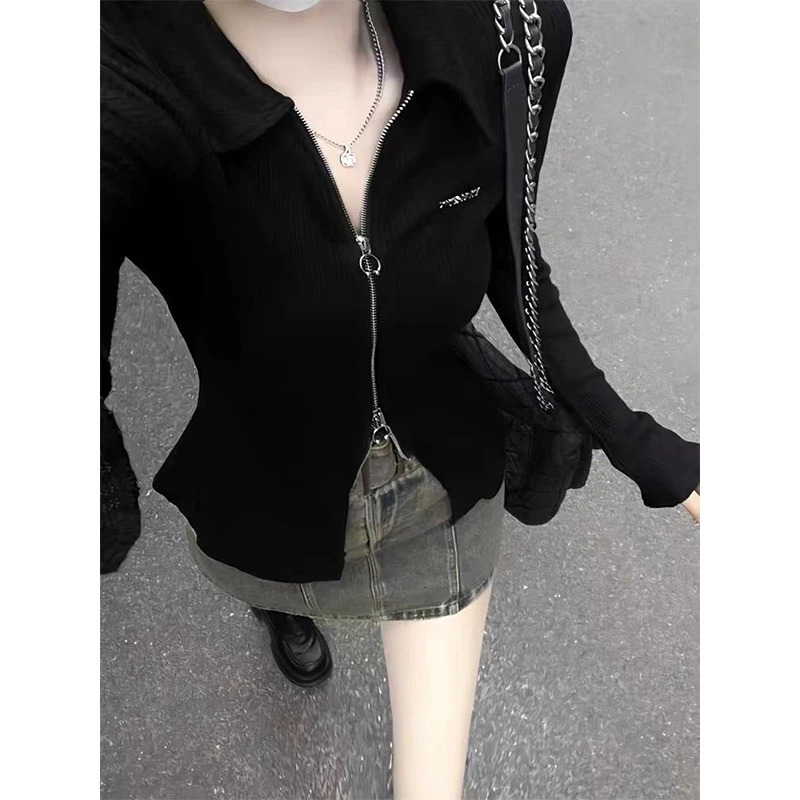 Y2K Black T Shirts Women Streetwear Zipper Crop Tops Harajuku Korean Turn Down Collar Long Sleeve Tunic Slim Casual Chic Tees 240806