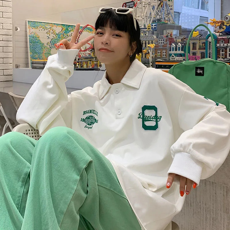 Vintage Embroidery Polo Collar Hoodies Oversized Women Sweatshirt Autumn Trendy Hoodie Harajuku Long Sleeve Shirt Teens 240806