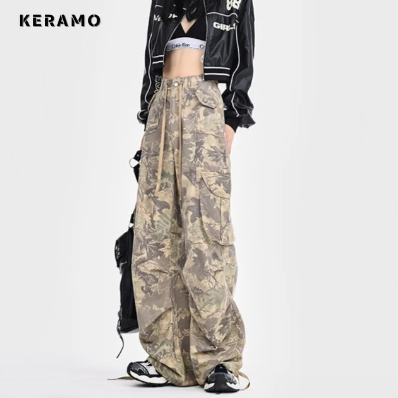 Womens Retro High Street Casual Overalls Printting Wide Leg Pants American Oversized Y2k Drawstring Loose Fit Cargo Pants 240806