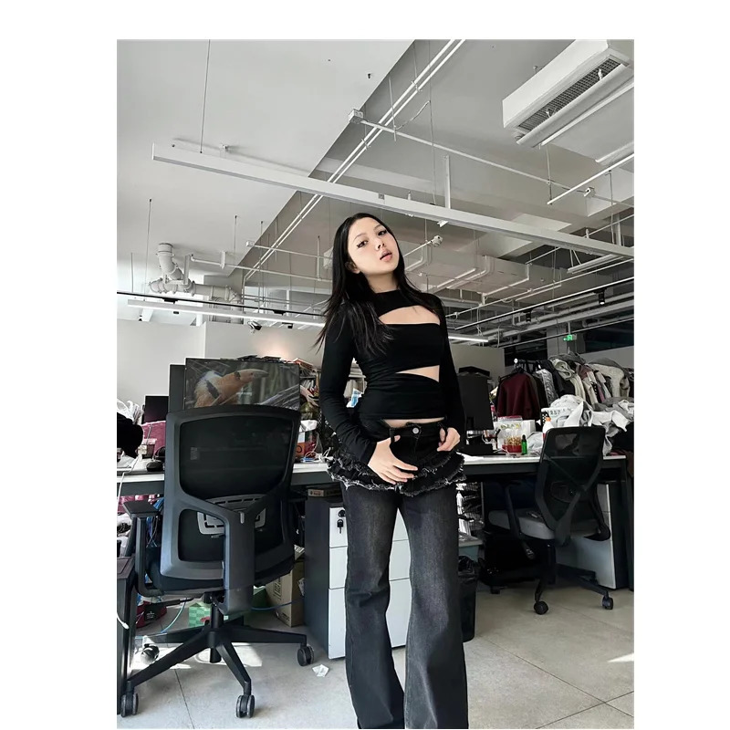 Womens Black Gothic Jeans Vintage Zippers Cowboy Pants Harajuku Baggy Punk Denim Trousers Y2k Oversize Trashy 2000s Emo Clothes 240806