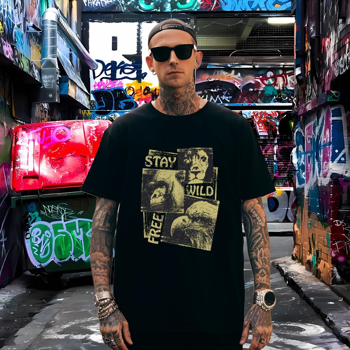 Mens T Shirts 100% Cotton 230g lion Street Wear Short Sleeve O-Neck Oversized 4XL Men Tees 2024 Brand Tee Shirt