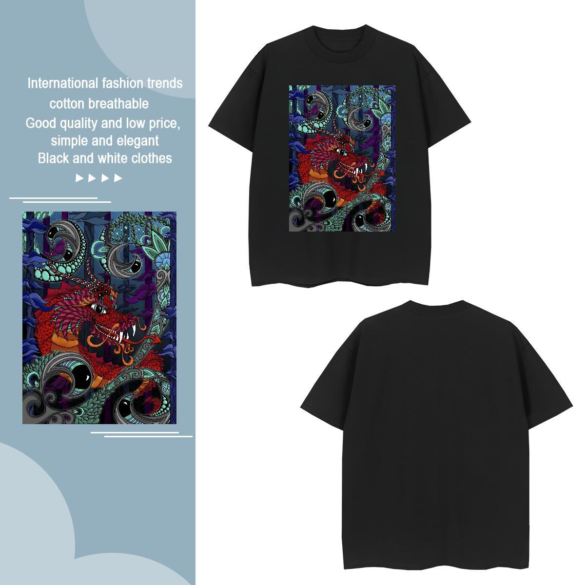 T-Shirts 230g Pure Cotton dragon Spring Summer Crew Neck Breathable Black Oversized Men Tees 2024 New Brand Top Tees