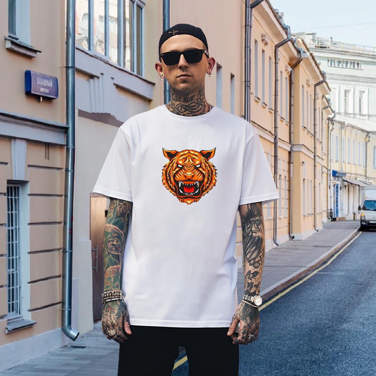 T Shirt For Man 230g Cotton tiger Hip Hop O-Neck Short Sleeve DIY Printed Couples T Shirts Classic Casual Soft Tops Shirt