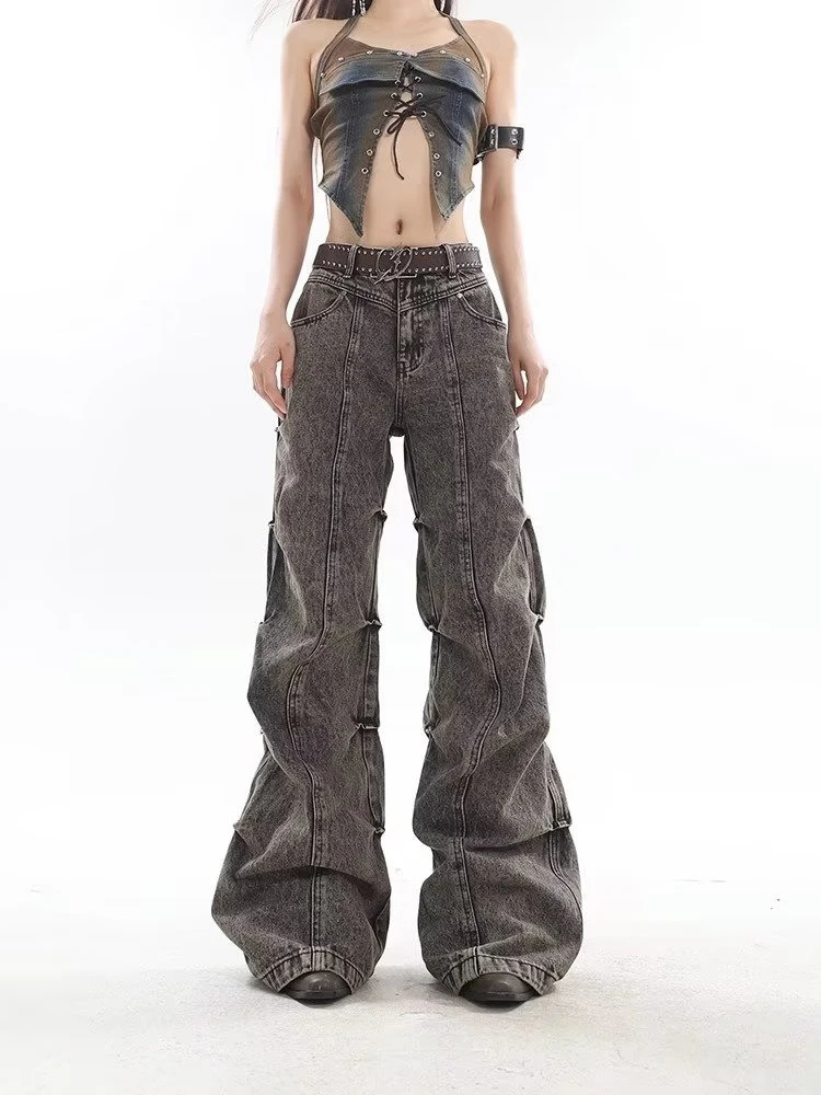 Womens Brown Flare Jeans Baggy Vintage 90 Aesthetic Cowboy Pants Harajuku Oversize Denim Trousers Y2k 2000s Trashy Clothes 240806