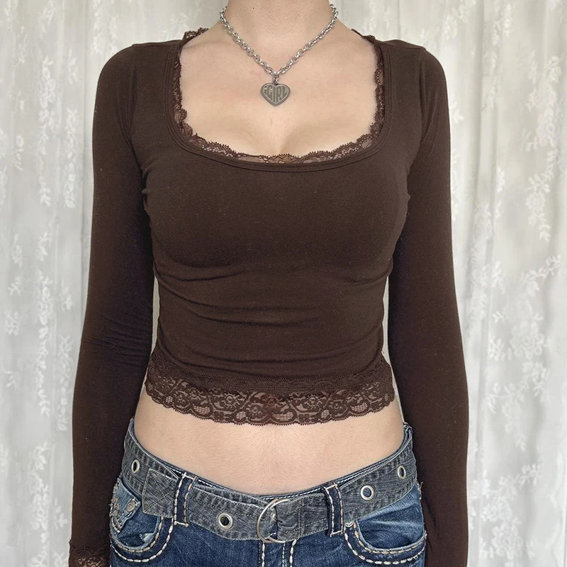 CIBBAR Vintage Lace Stitched Black Crop Top Women Basic Skinny Long Sleeve Solid T Shirt Autumn Winter Casual Tee Shirt y2k 240806
