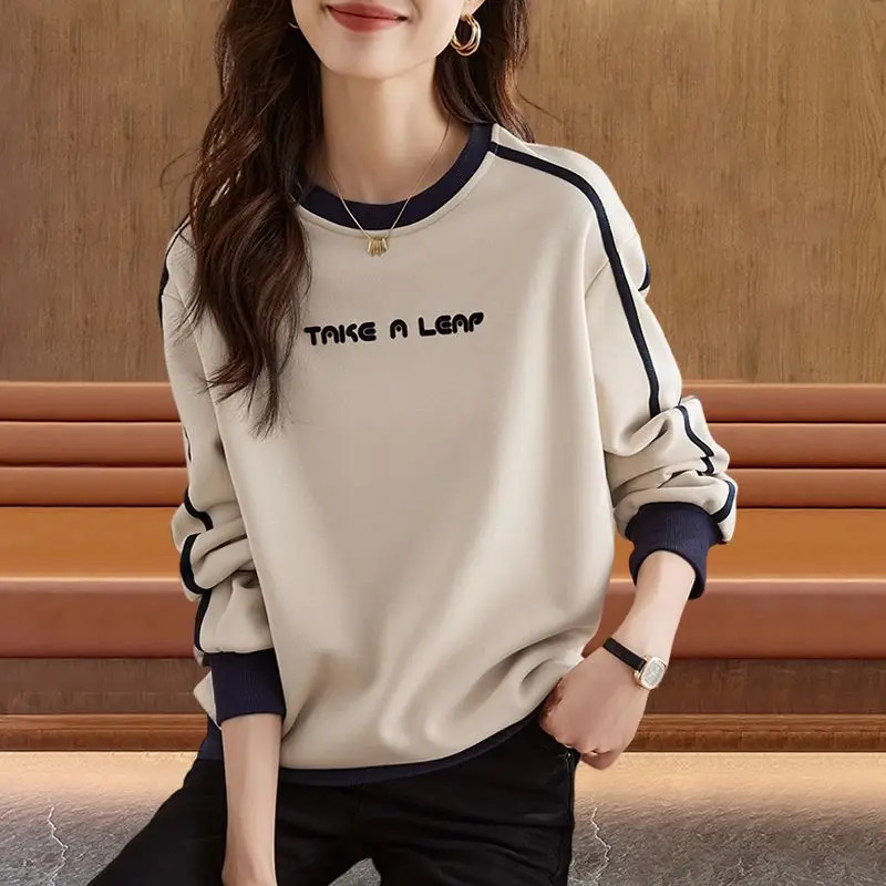Cotton Casual Letter Top Womens Spring and Autumn Style Contrasting Color Patchwork Commuting Casual All-match Hoodies 240806