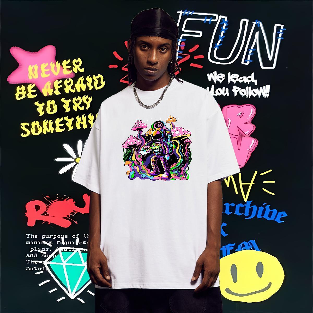 T-Shirts 230g Pure Cotton planet Summer Casual O-Neck Short Sleeve Skull Men Clothes T-Shirt Brand Popular Tops