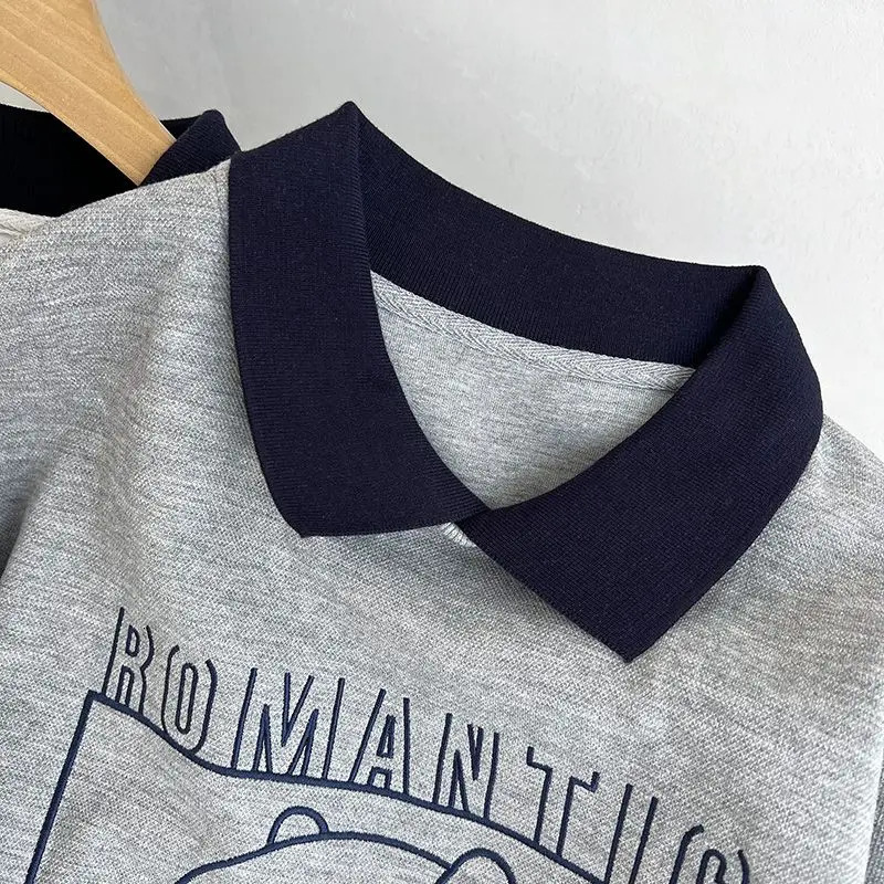 Polo Collar Hoodies Lovely Gray Bear Pattern Women Sweatshirt Autumn Vintage Female Hoodies Casual Long Sleeve Oversized Tops 240806