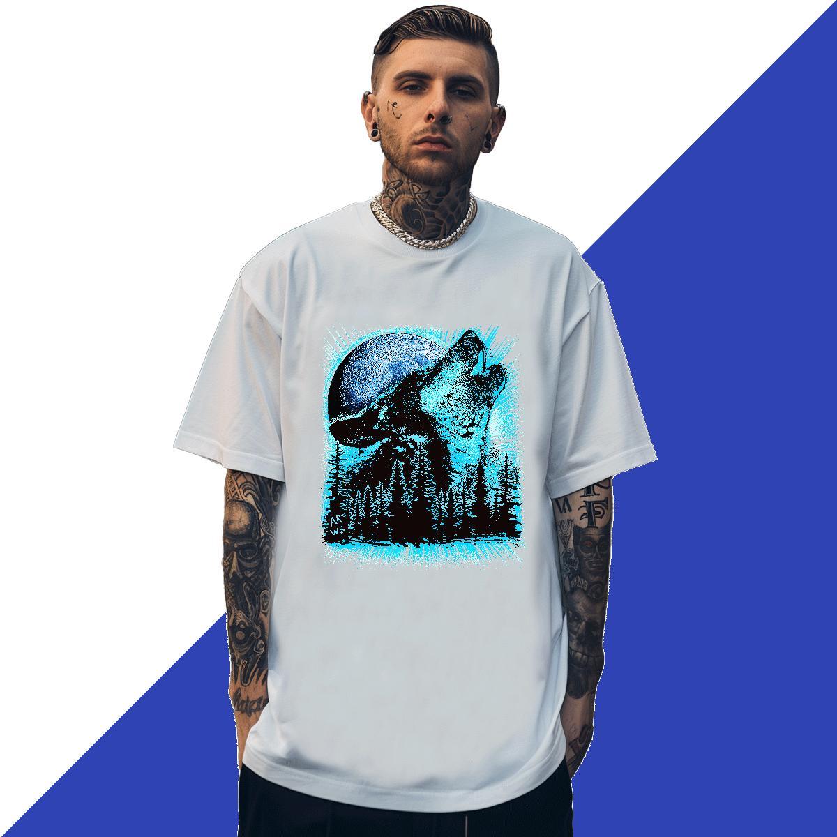 Soft Men Tops Tees 230g Pure Cotton Daily Outfit wolf White Plus Size O-Neck Short Sleeve Fashion Casual Man T Shirts Tee Shirt