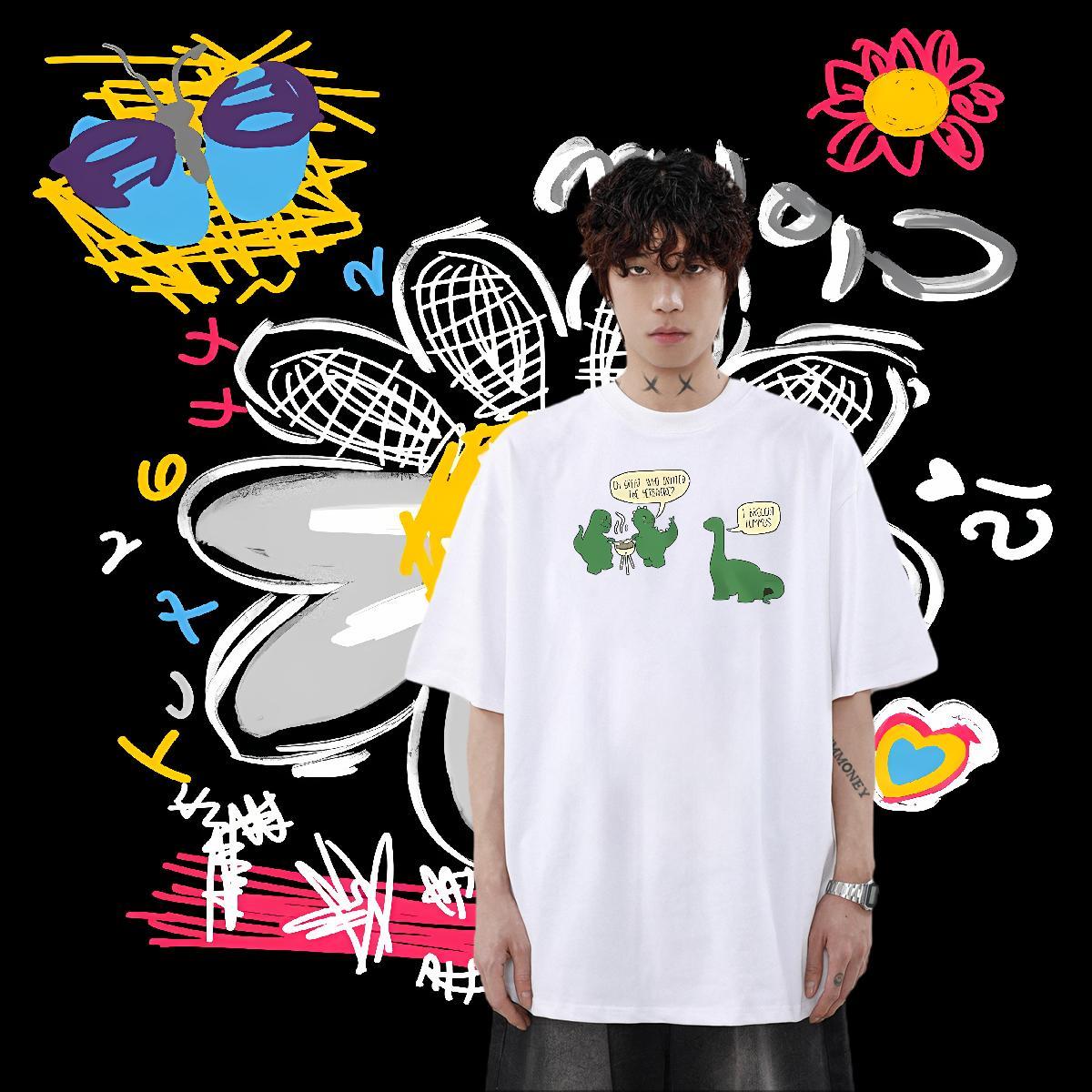 Classic Mens T Shirts 100% Cotton 230g dinosaur Home Outdoor Tshirts O-Neck Short Sleeve Popular Men Tops Tees Cartoon Print