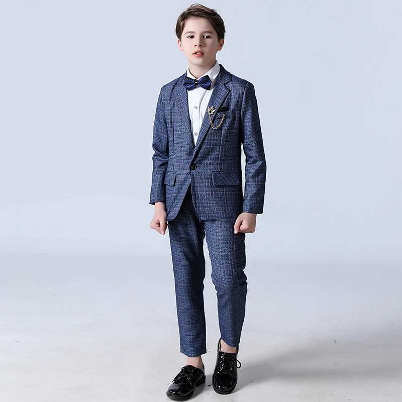 Suits Autumn Childrens Formal Plaid British Suit Set Boys Wedding Party Birthday Host Costume Kids Blazer Pants 2pcs Clothes