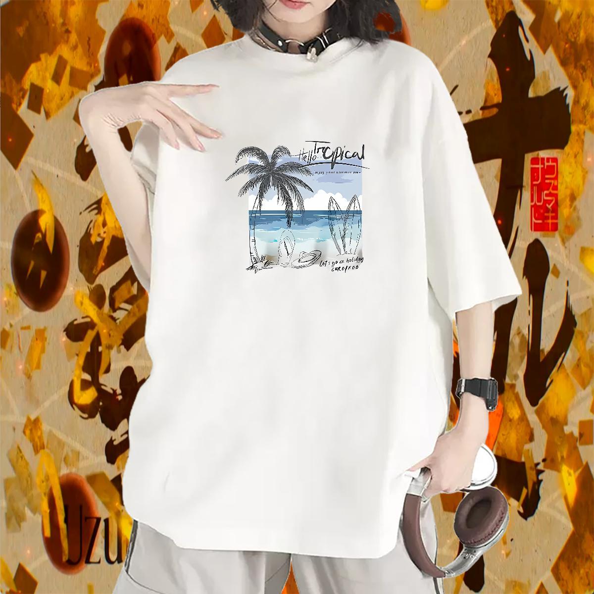 Female Woman T Shirts O-Neck Short Sleeve Unisex Tshirts Anime Print sea Street Wear 230g Pure Cotton 2024 DIY Tees