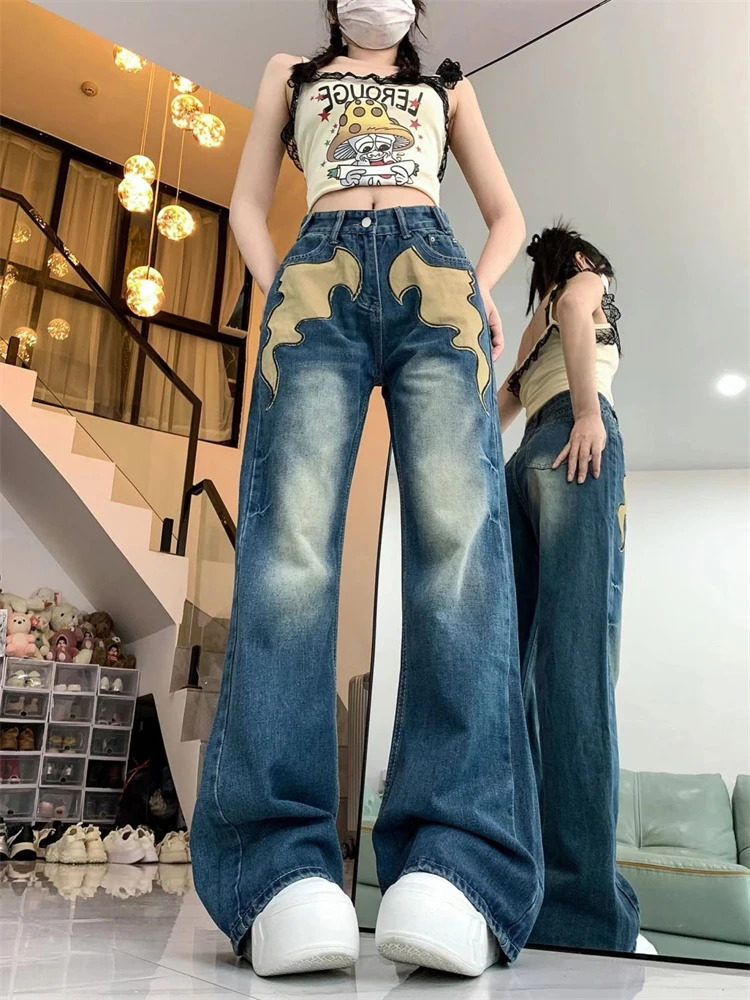 Womens Contrasting Embroidery Vintage Style Jeans Punk Street Trousers Young Girl Bottoms Female High Waisted Denim Pants 240806