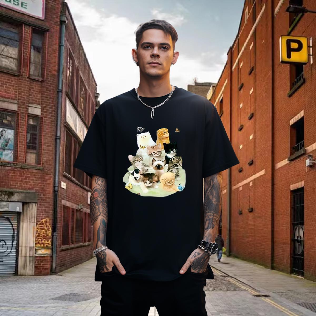 T Shirts Men 230g Pure Cotton cat Hip Hop Breathable Short Sleeve Plus Size Custom Men Tshirts 2024 New Wholesale Tops Shirt