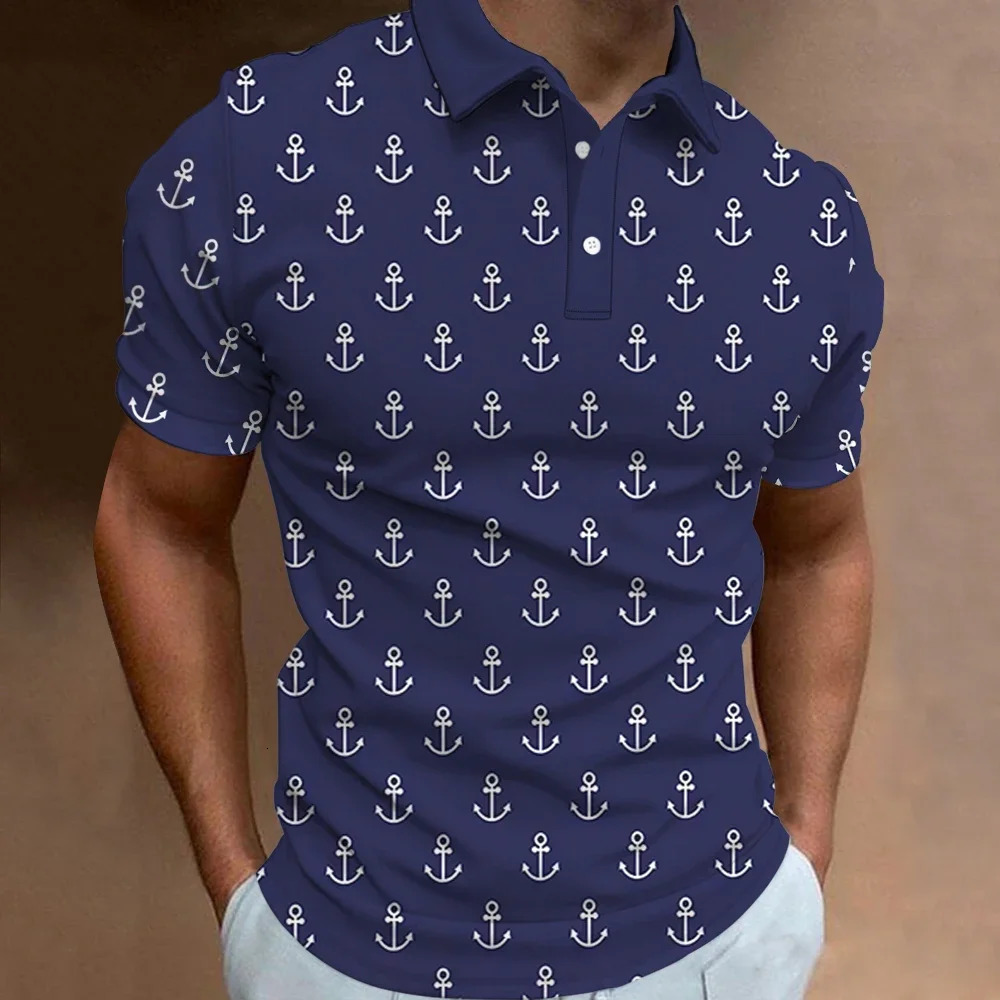 Fashion Mens Polo Shirt Short Sleeve Anchor Pattern T-Shirt 3D Printed Lapel Polo Shirts Tops High Quality Tees Mens Tops 240806