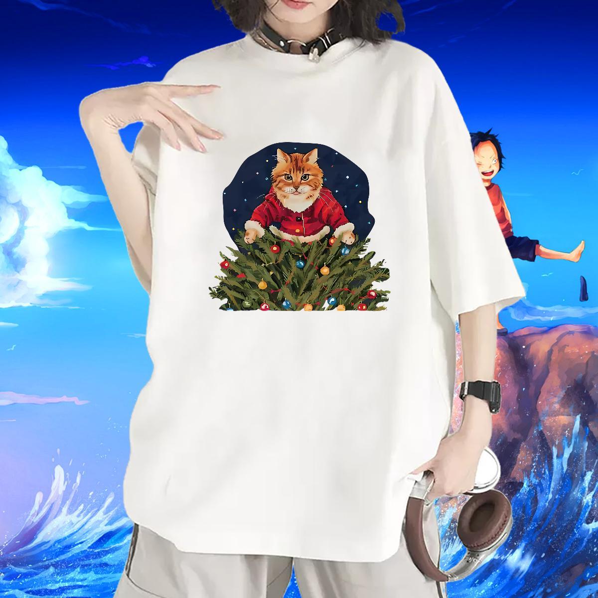 Free Shipping T Shirts Women Breathable Crew Neck Woman Tshirt Cartoon Printing L-4XL cat Street Wear 100% Cotton 230g Classic Clothes Shirt