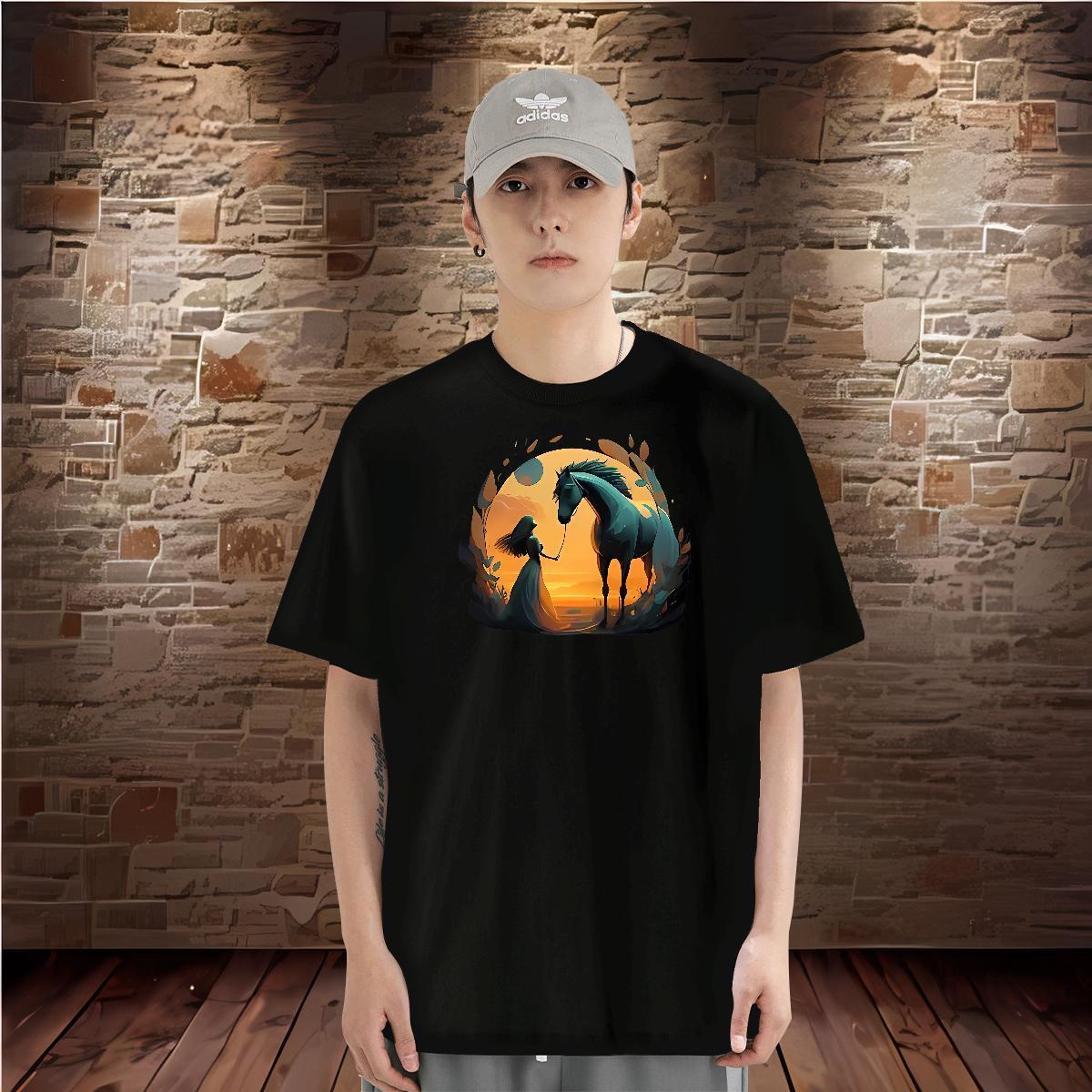 T-Shirts for Men 230g Cotton horse Street wear Hip Hop Round Neck Short Sleeve DIY Printed Men Tops Tees Fashion Cool Design Top Tees