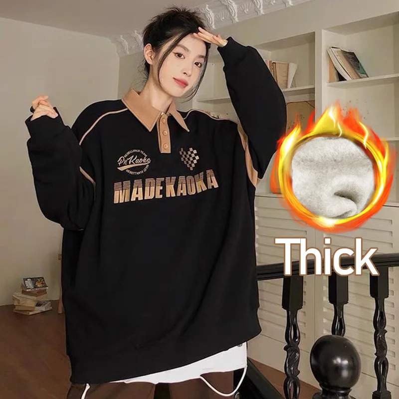 Korean Letter Print Polo Collar Women Hoodies Vintage Oversized Sweatshirt Autumn Warm Y2K Long Sleeve Shirt Teens Polo Shirt 240806