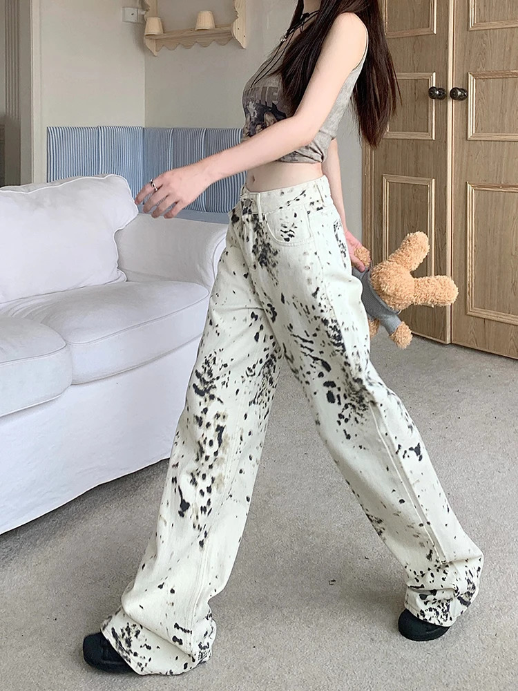 WCFCX STUDIO American Retro Trendy Leopard Print Jeans Womens High Street Straight Trousers Harajuku Style Baggy Casual Pants 240806