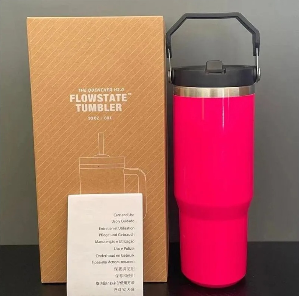 DHL Water Bottles 30oz Cups Heat Preservation Neon Pink Red Stainless Steel Tumblers Large Capacity Travel Car Mugs Reusable Leakproof Flip Cup FY4748